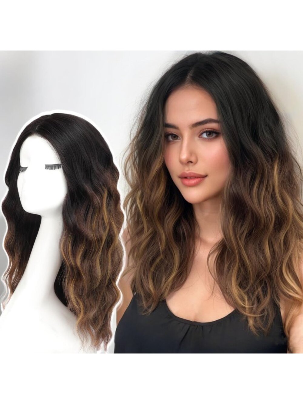 18" Honey Highlight Dark Brown Wig - Medium Length Curly Glueless Synthetic Hair